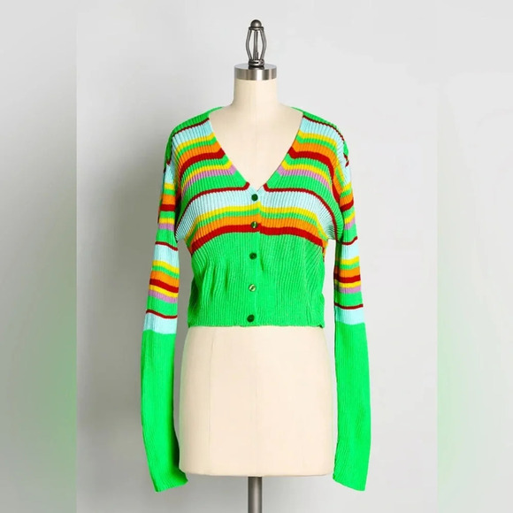DAISY STREET x MODCLOTH Scream for Green Cardigan in‎ Neon Green Stripes - Picture 1 of 8